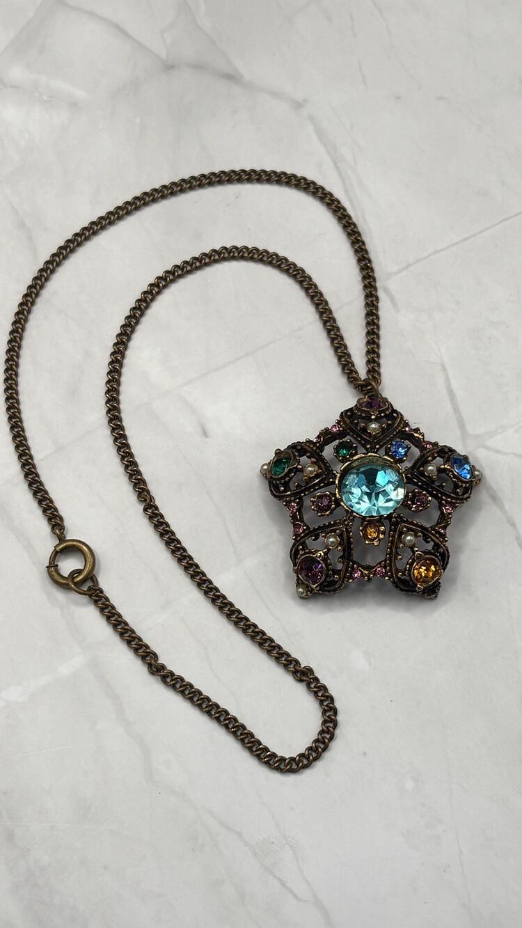 Vintage Etruscan Revival Star Pendant Necklace Multi Color Jewel Rhinestones